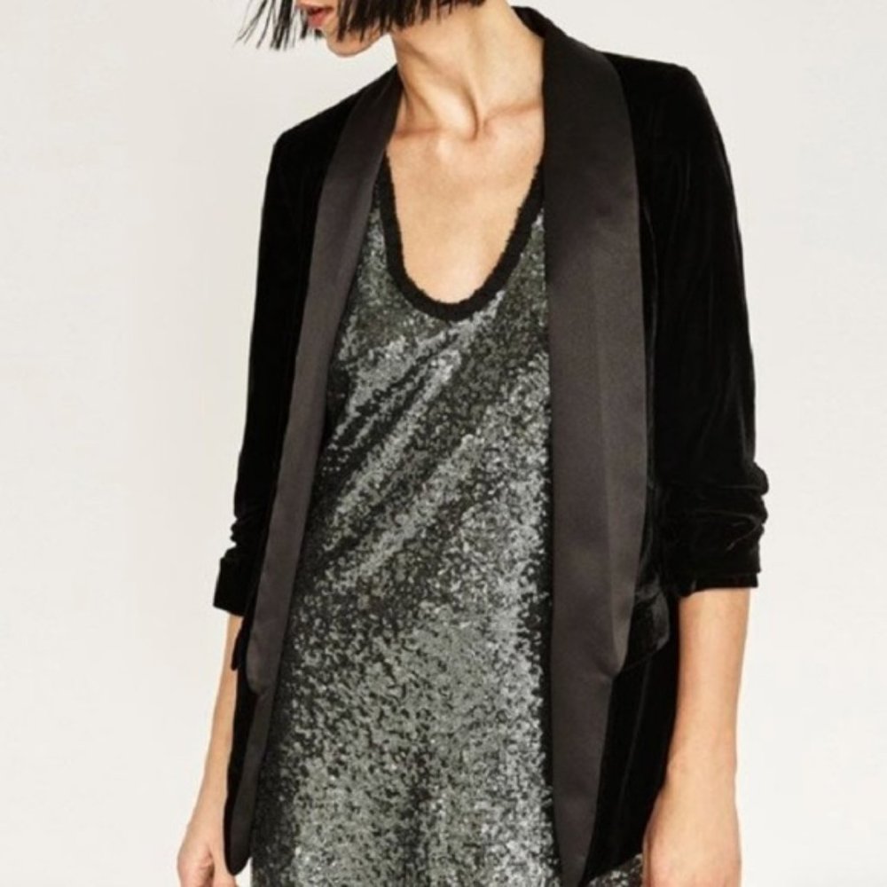 ZARA Velvet Black 3/4 Sleeve Lined Blazer Jacket